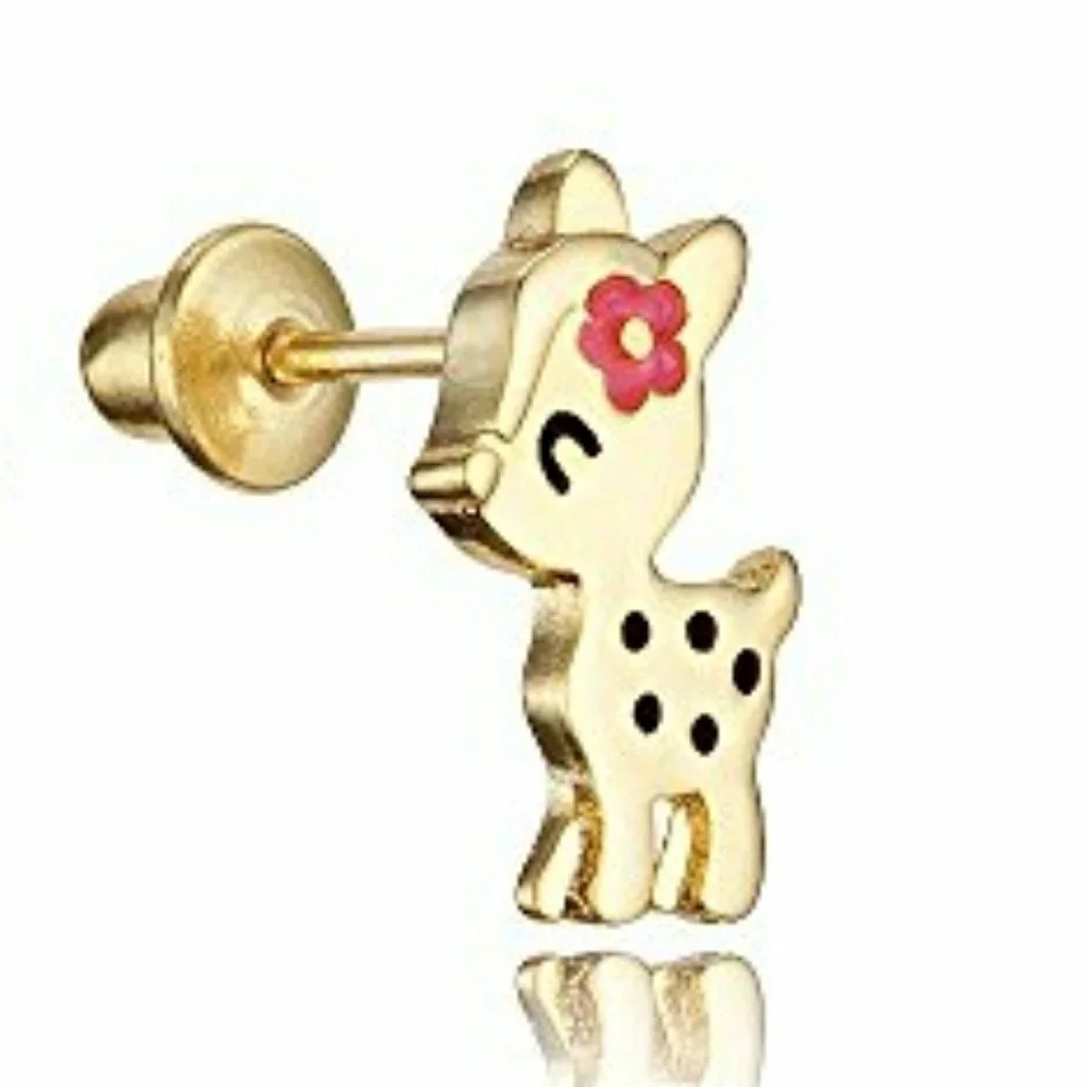 Kids Earrings 14k gold plated Enamel Flower Deer